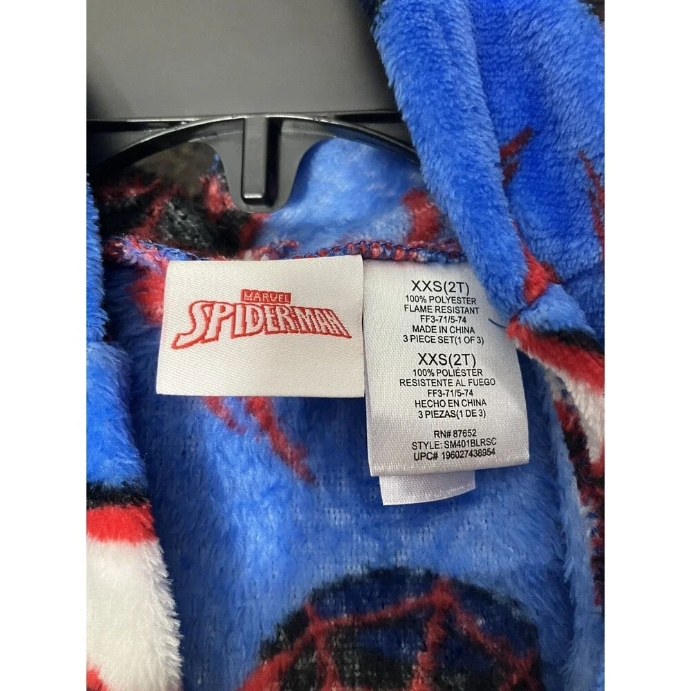 Marvel Spiderman Kids Robe XXS 2T Blue Red Fleece Belted Hooded Soft NWT